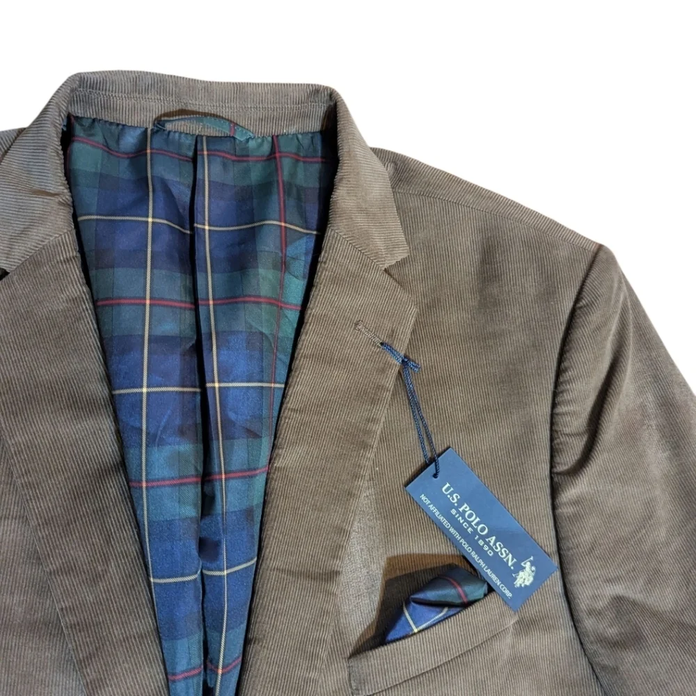 New Taupe Brown corduroy Sport Coat Plaid Lining Arm Patches Business NWT Sz 48L